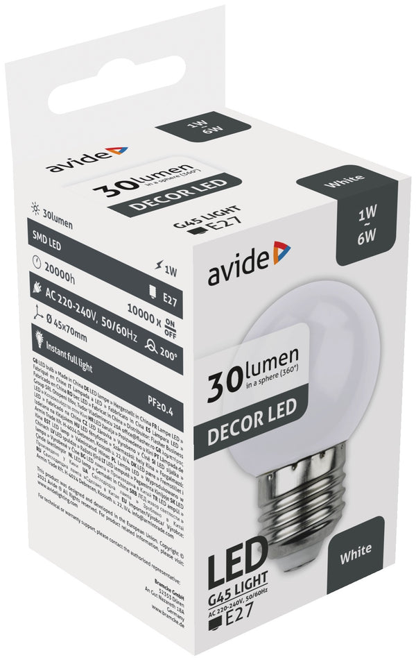 Avide 25929 Žarnica Decor - bela LED SMD E27 1W G45