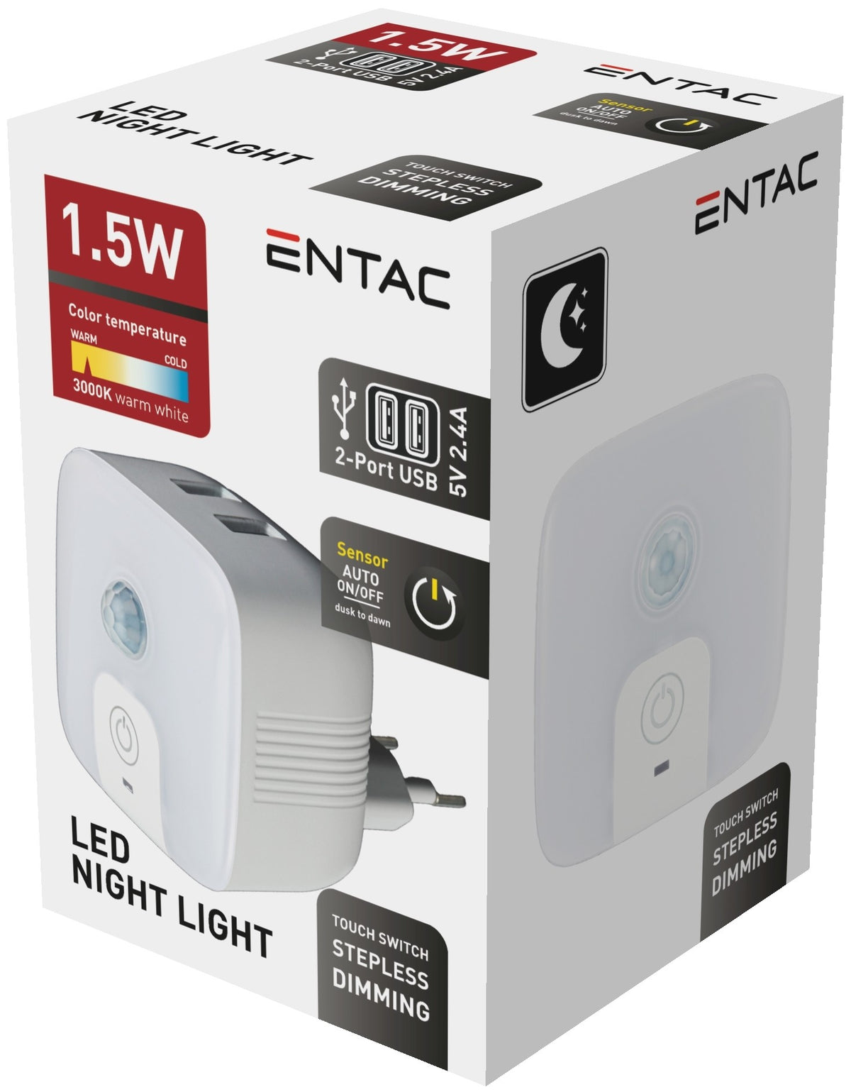 Entac 95823 Nočna svetilka s senzorjem 1.5W 3000K 2xUSB