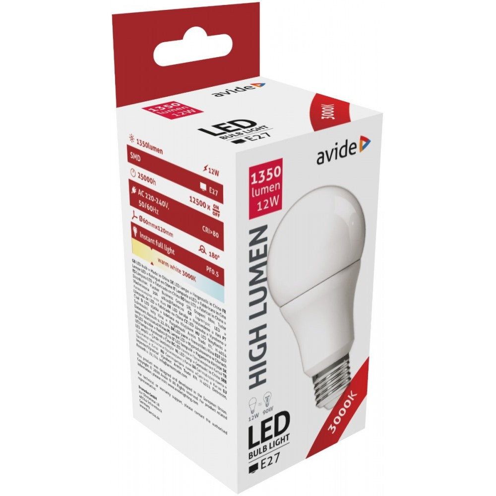 Avide 282441 Žarnica LED 12W E27 3000K 1350lm A60 180°