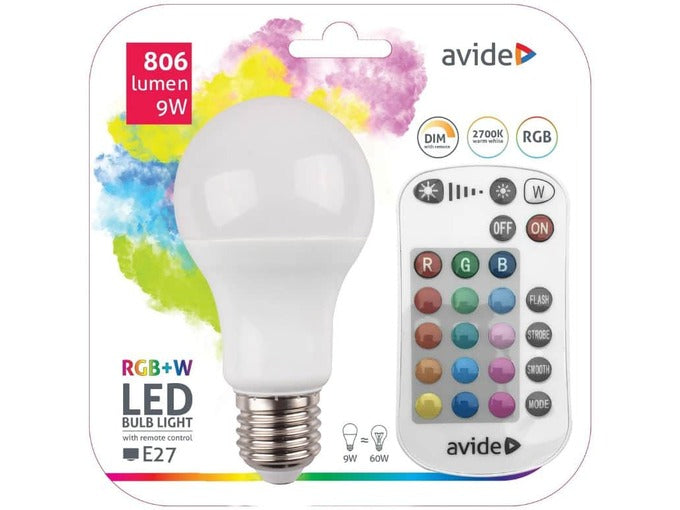 Avide 917948 Žarnica LED RC 9W E27 RGB+2700K 806lm A60 240°