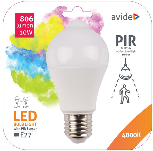 Žarnica PIR LED 10W E27 4000K 806lm A60 240° ASG27NW-10W-PIR