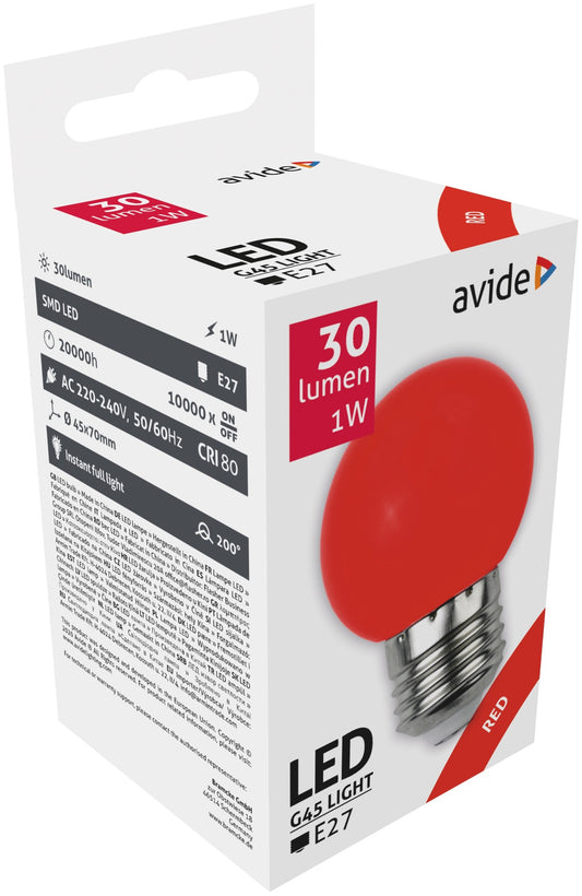 Avide 25868 Žarnica Decor - rdeča LED SMD E27 1W G45