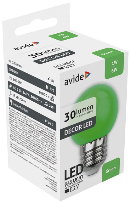 Avide 25882 Žarnica Decor - zelena LED SMD E27 1W G45