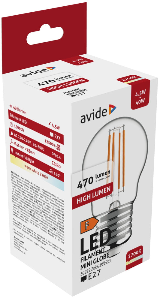 Avide 50068 Žarnica Filament LED 4.5W E27 2700K 470lm 360° ABLFMG27WW-4.5W