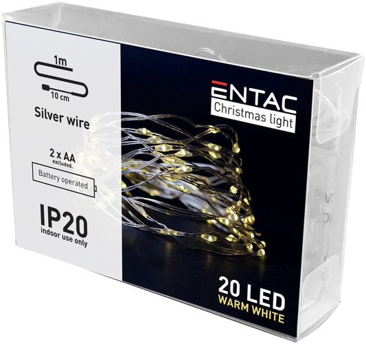 Entac 978727 Novoletne lučke - srebrna žica 20 LED 1,1 m 2xAA
