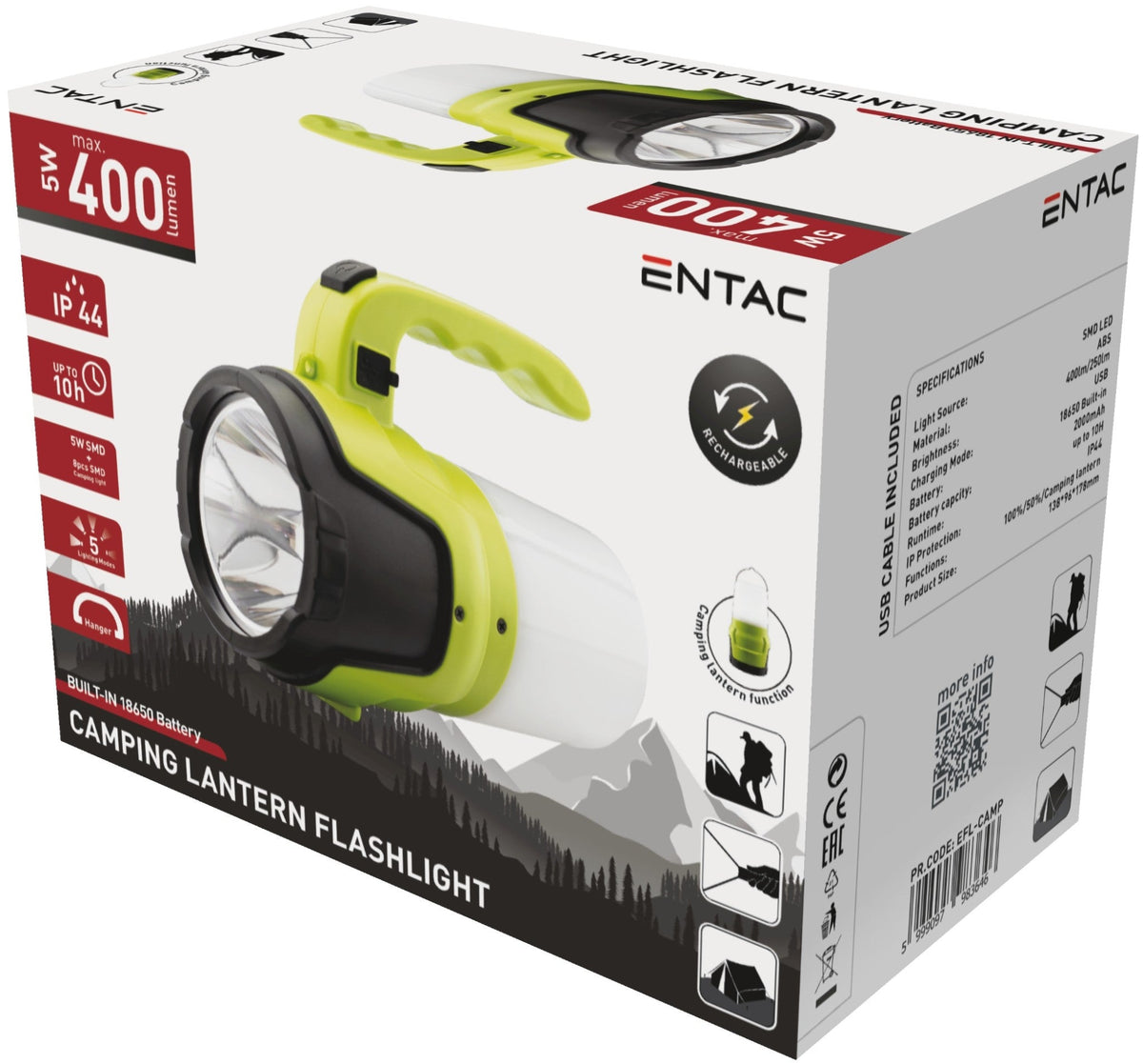 Entac 983646 Polnilna svetilka kamping 5W 400lm 1x18650 2000mAh 10h IP44