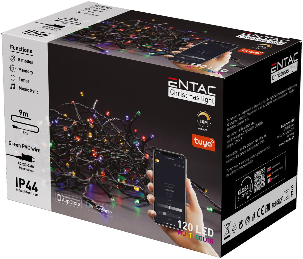 Entac 989709 Novoletne lučke APP - večbarvna vrv 120 LED 9m