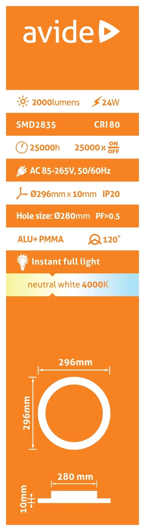 Avide 912080 Vgradna stropna svetilka LED Okrogla 24W NW 2000 lm