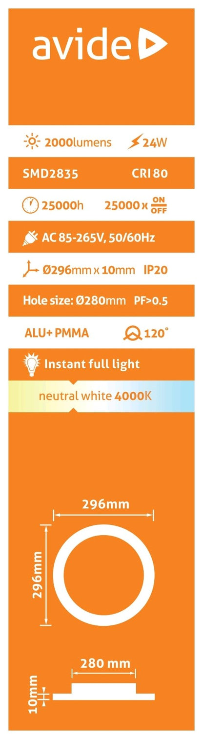 Avide 912080 Vgradna stropna svetilka LED Okrogla 24W NW 2000 lm