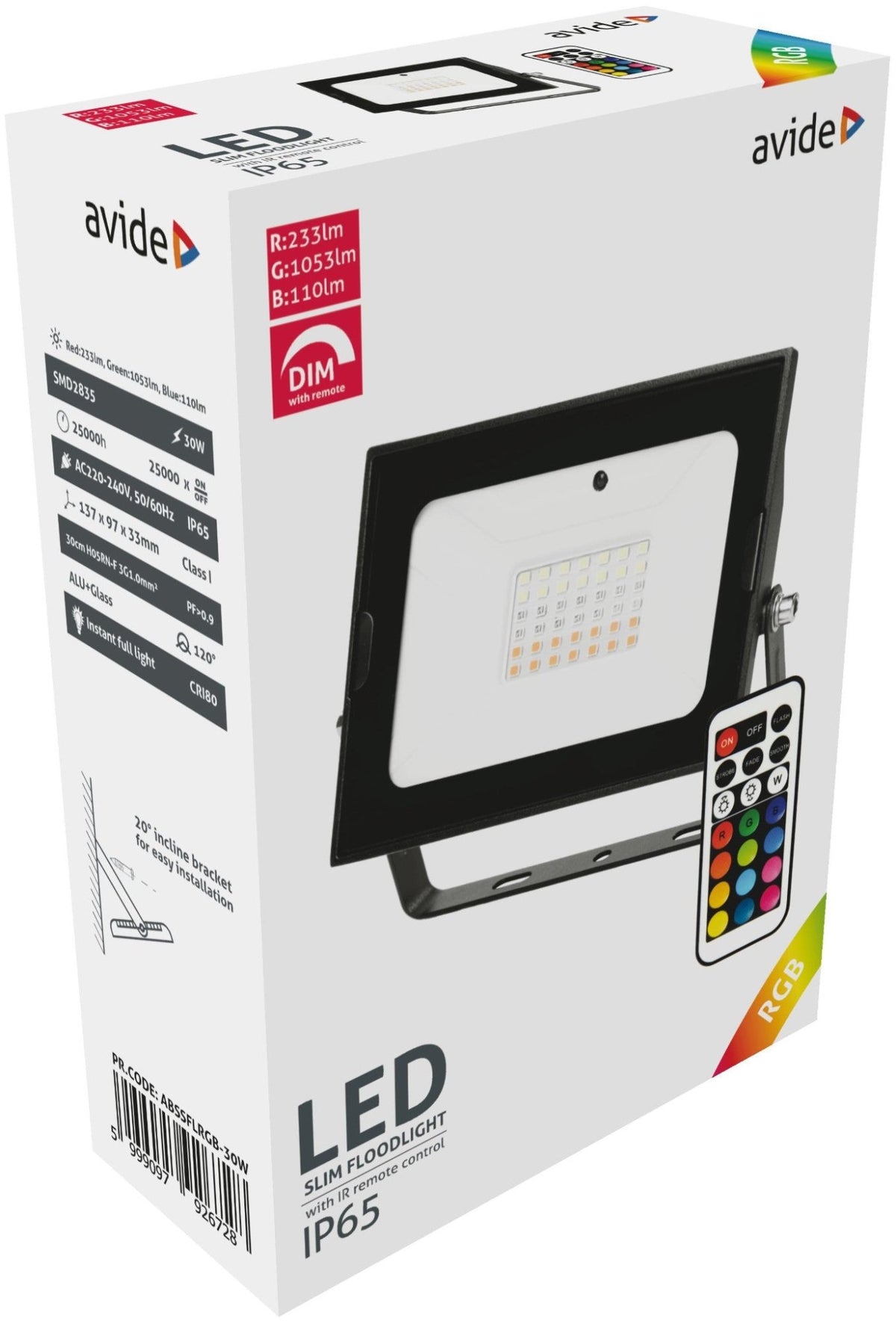 Avide 926728 Reflektor Slim LED 30W RGB 1396lm IP65 + daljinec