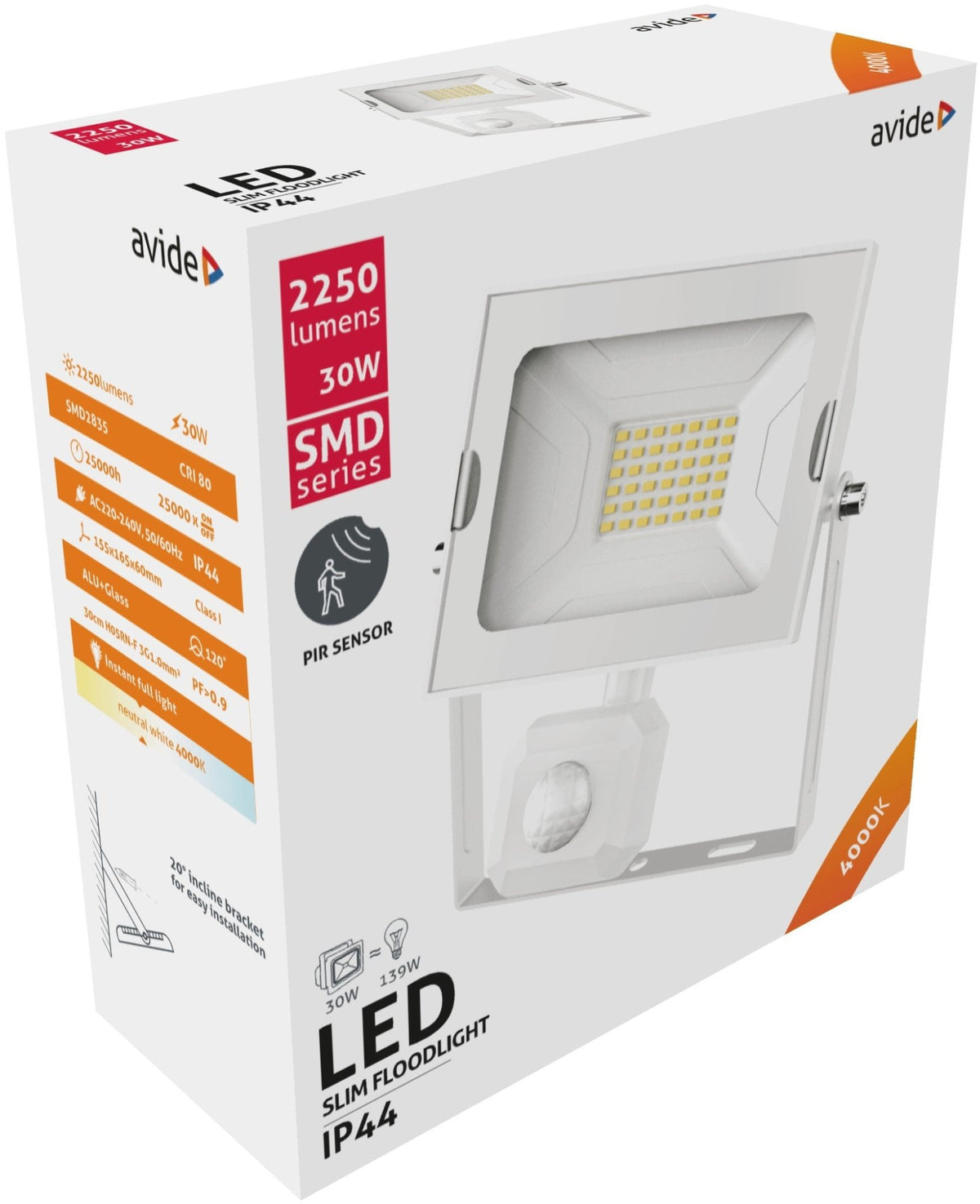 Avide 930589 Reflektor Slim PIR LED SMD 30W 4000K 2250lm IP44