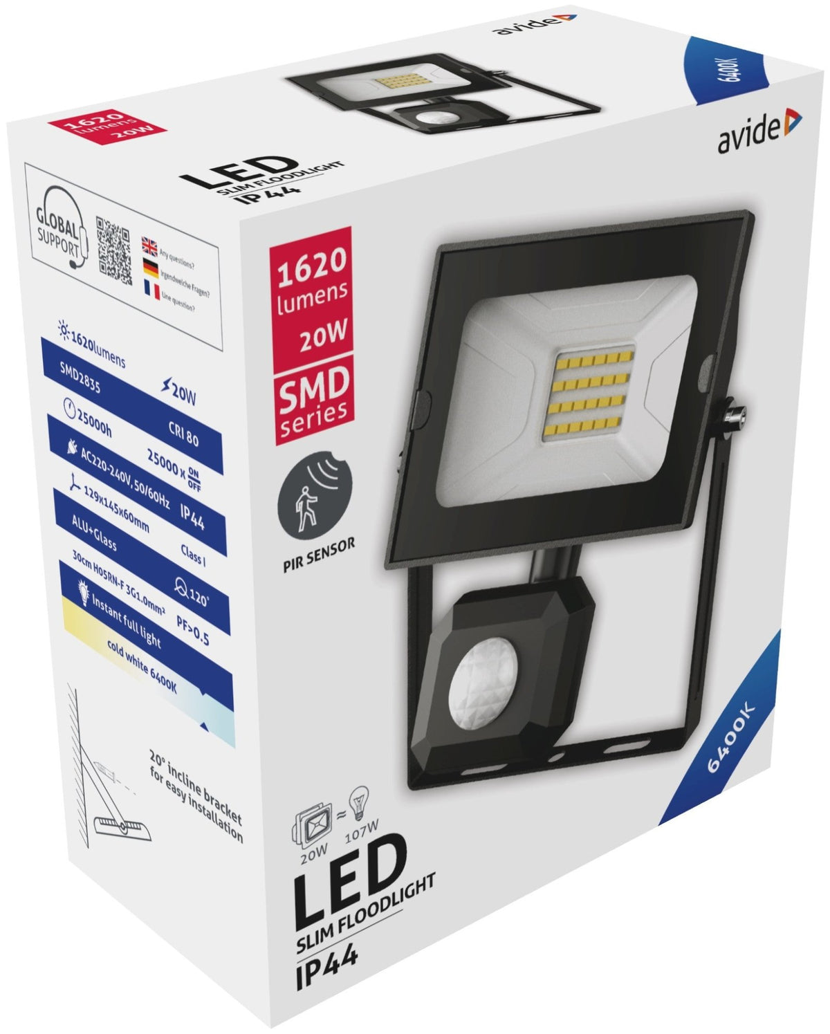 Avide 914046 Reflektor Slim s senzorjem gibanja SMD LED 20W CW 1620 lm